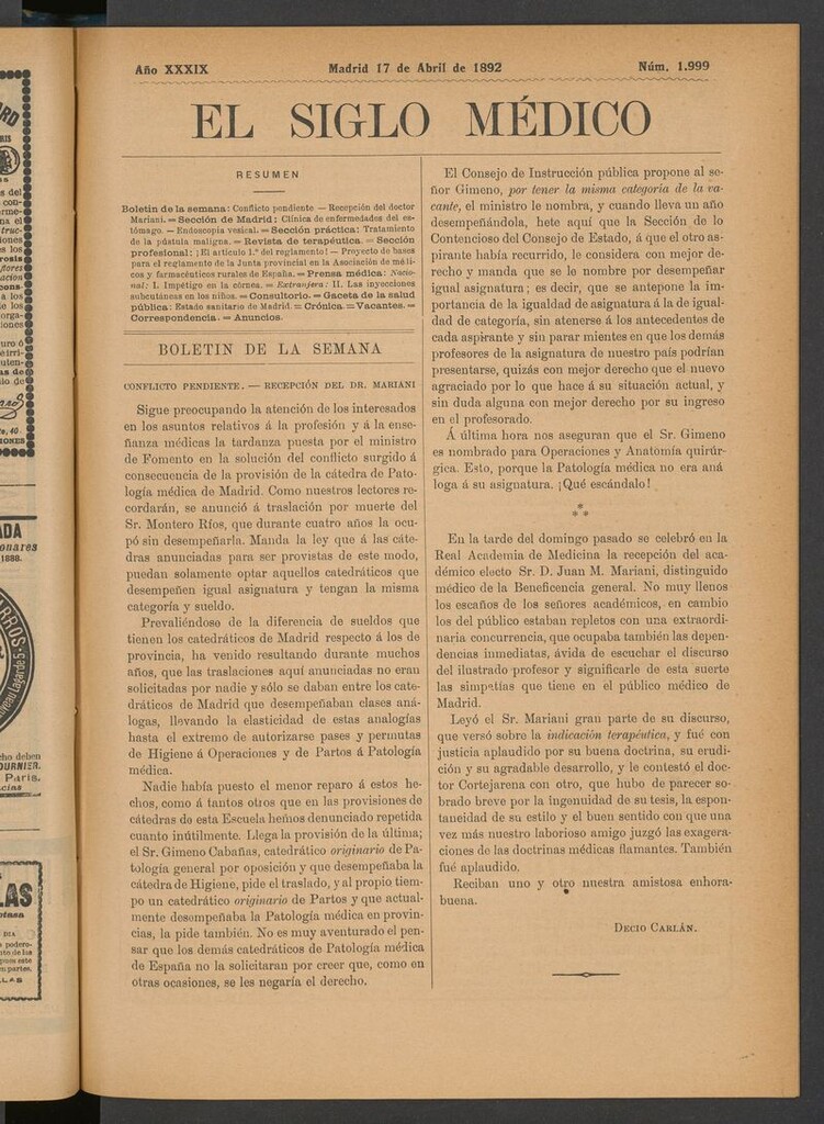 Miniatura de El Siglo Médico: boletín de medicina y gaceta médica del 17 de abril de 1892