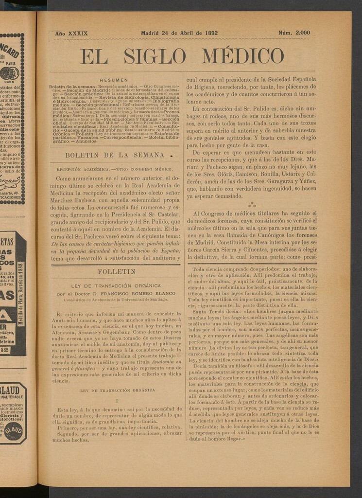 Miniatura de El Siglo Médico: boletín de medicina y gaceta médica del 24 de abril de 1892