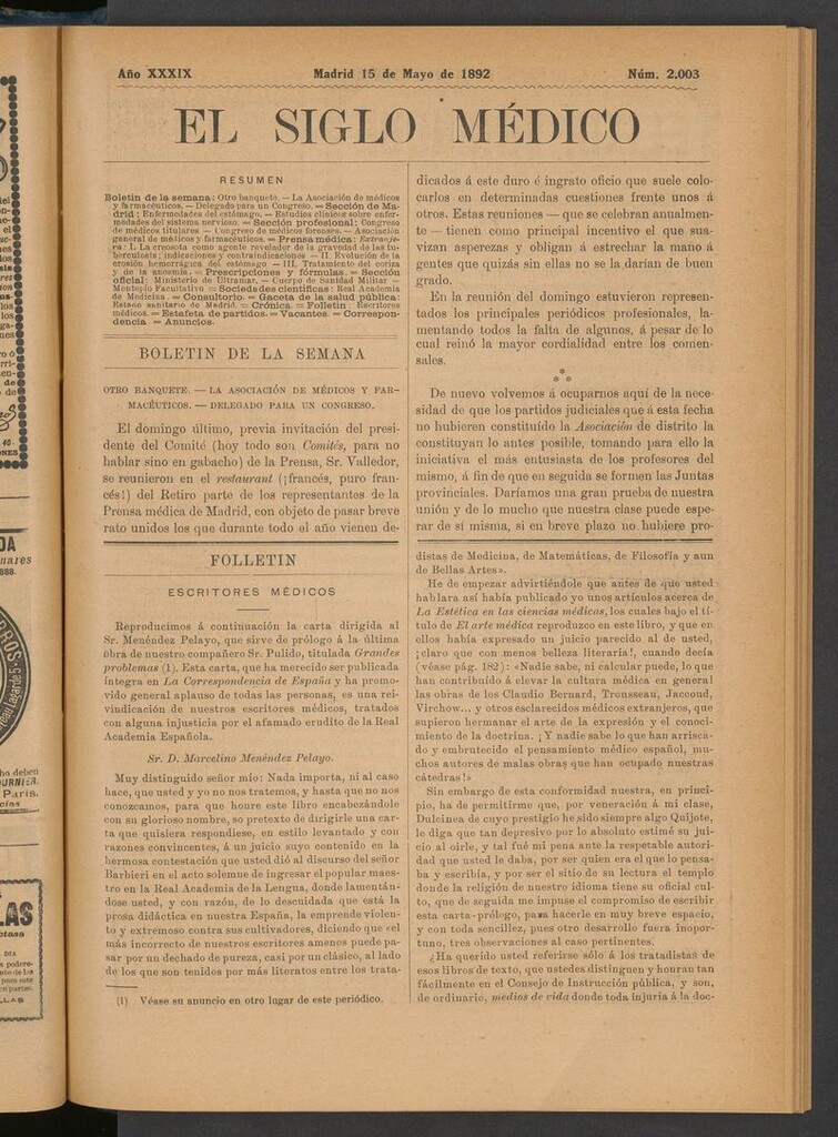 Miniatura de El Siglo Médico: boletín de medicina y gaceta médica del 15 de mayo de 1892