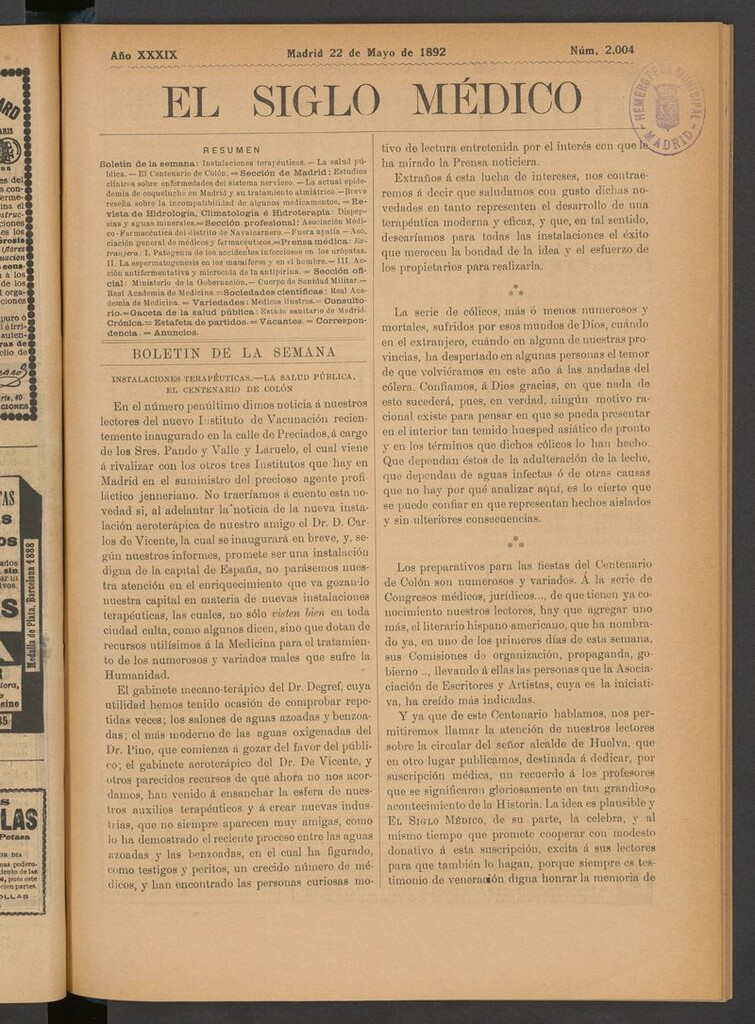 Miniatura de El Siglo Médico: boletín de medicina y gaceta médica del 22 de mayo de 1892