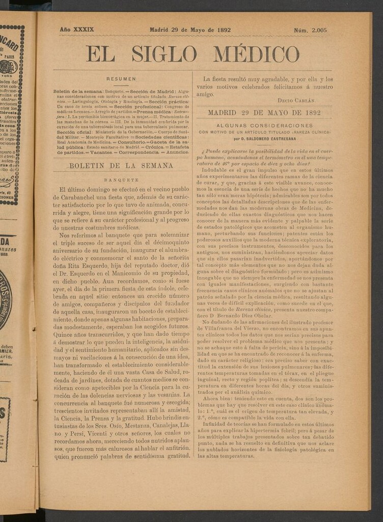 Miniatura de El Siglo Médico: boletín de medicina y gaceta médica del 29 de mayo de 1892