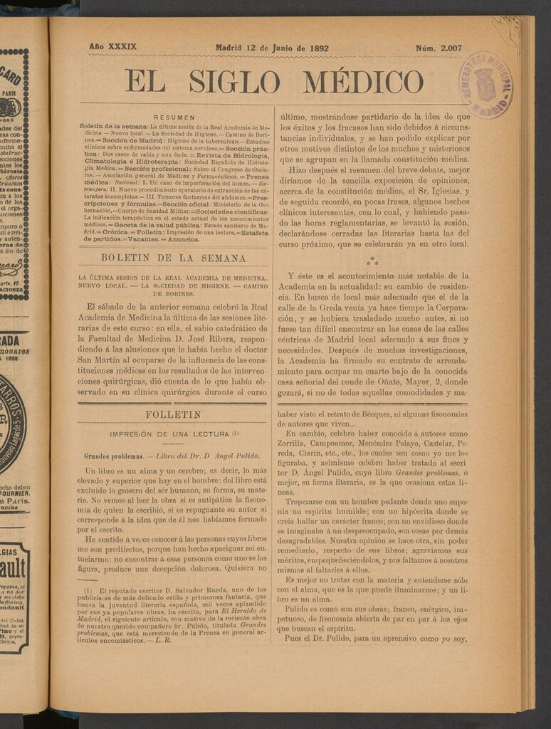 Miniatura de El Siglo Médico: boletín de medicina y gaceta médica del 12 de junio de 1892