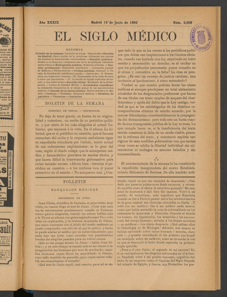 Miniatura de El Siglo Médico: boletín de medicina y gaceta médica del 19 de junio de 1892