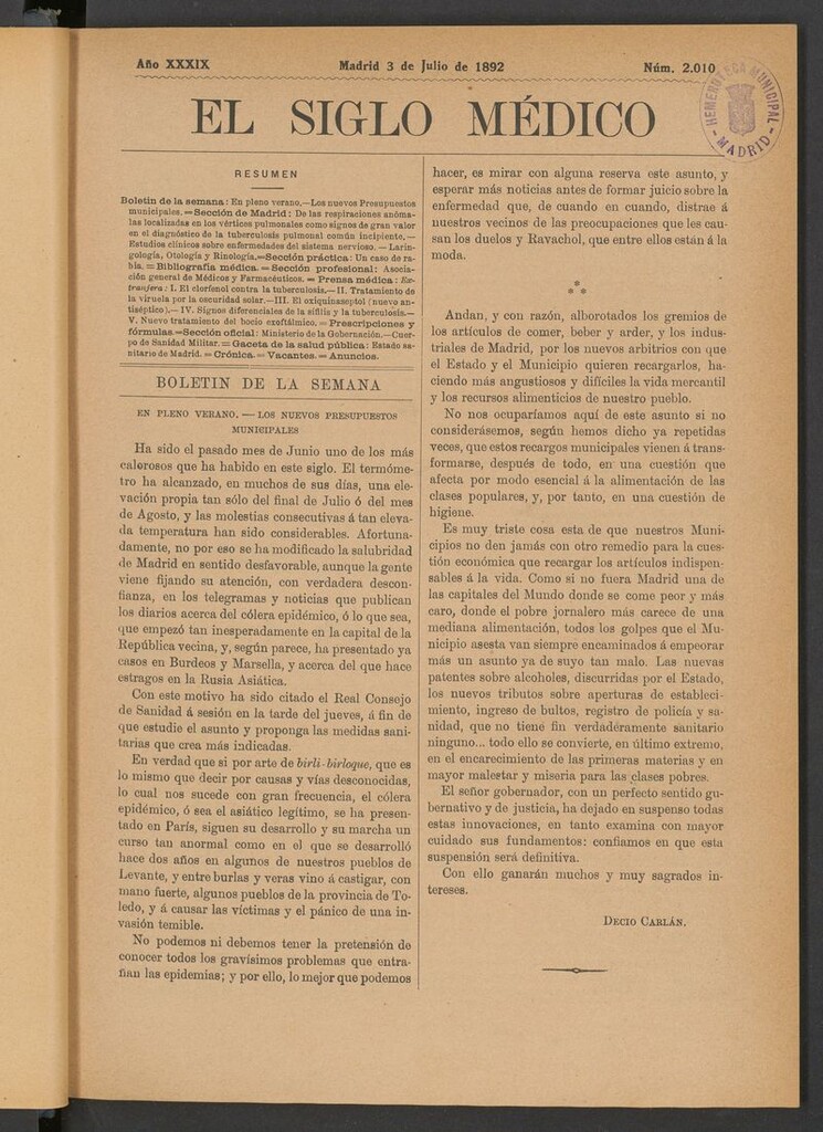 Miniatura de El Siglo Médico: boletín de medicina y gaceta médica del 3 de julio de 1892