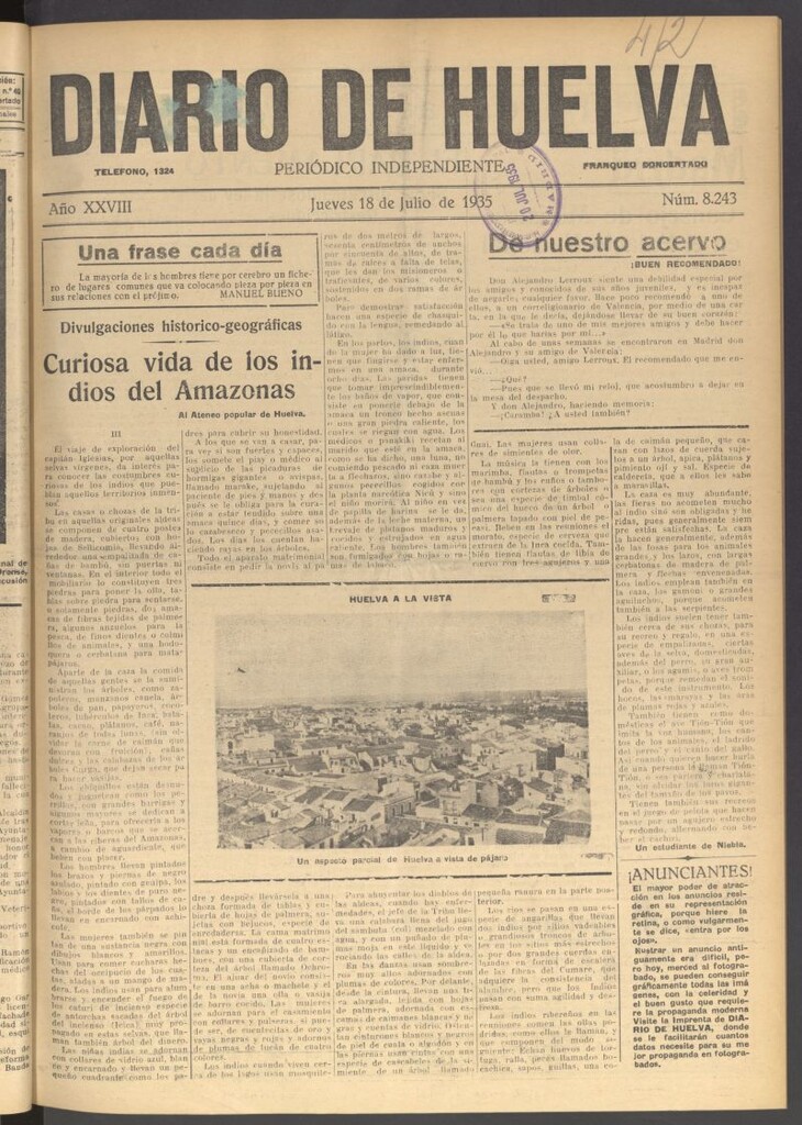 Miniatura de Diario de Huelva : periódico independiente del 18 de julio de 1935