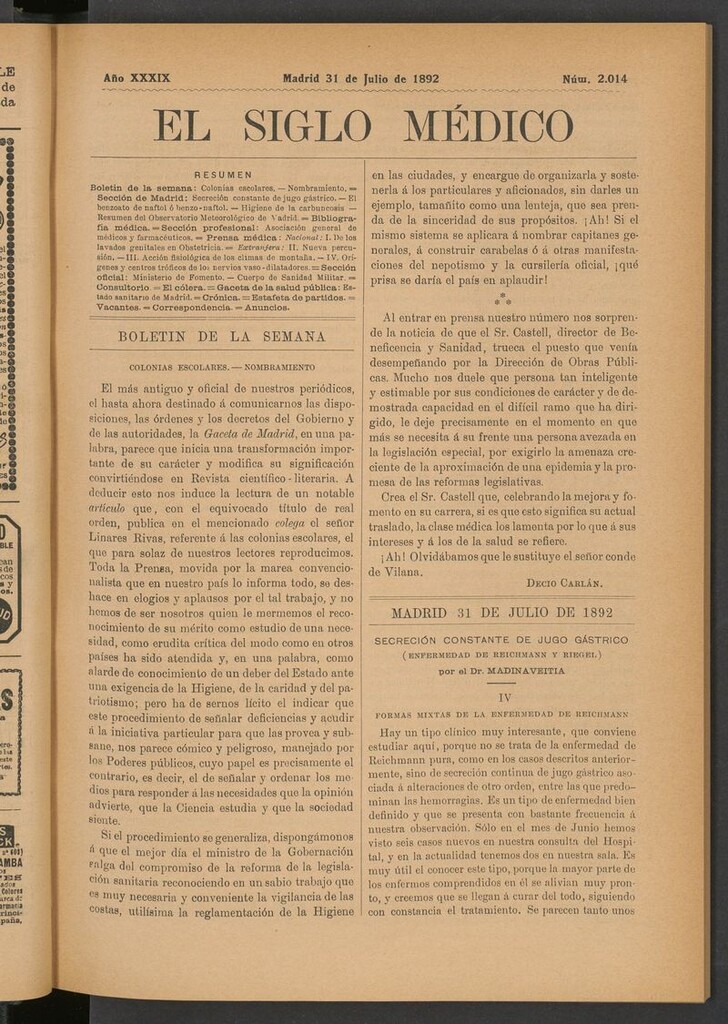 Miniatura de El Siglo Médico: boletín de medicina y gaceta médica del 31 de julio de 1892