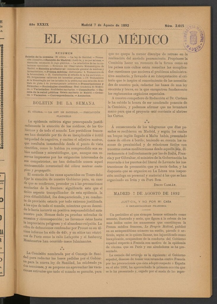 Miniatura de El Siglo Médico: boletín de medicina y gaceta médica del 7 de agosto de 1892