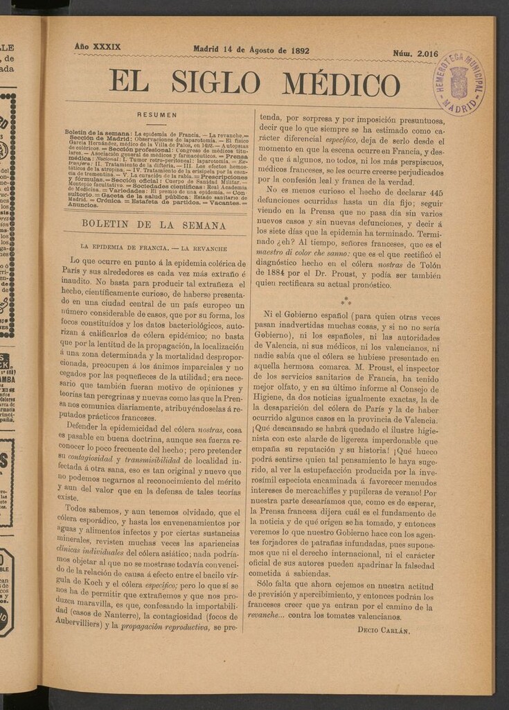 Miniatura de El Siglo Médico: boletín de medicina y gaceta médica del 14 de agosto de 1892
