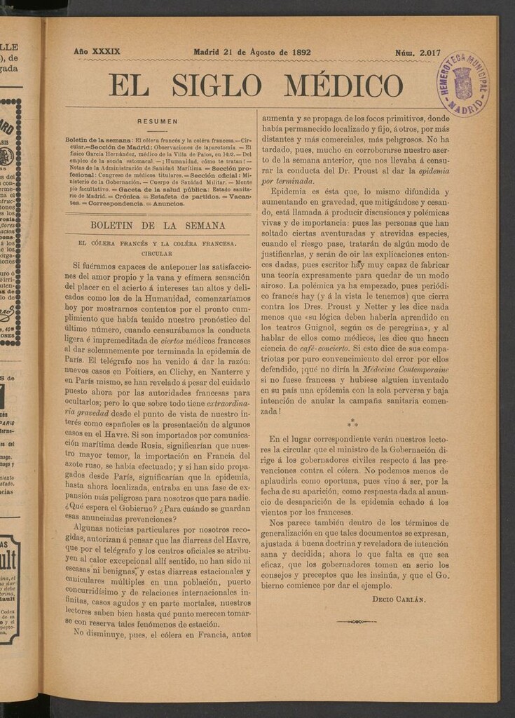 Miniatura de El Siglo Médico: boletín de medicina y gaceta médica del 21 de agosto de 1892