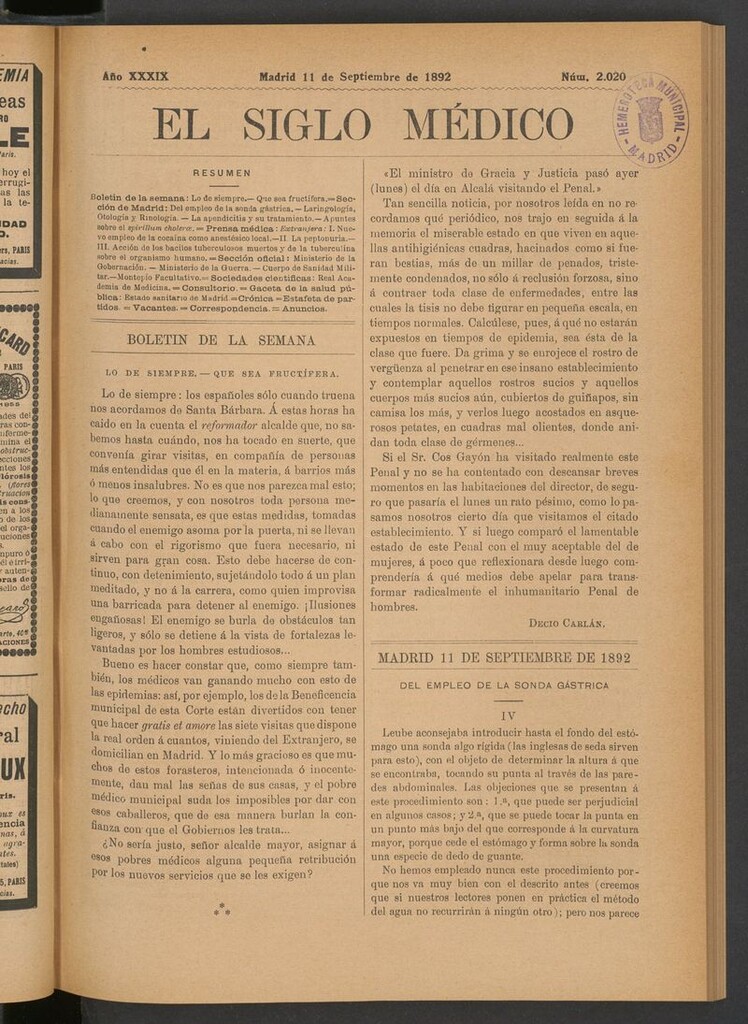 Miniatura de El Siglo Médico: boletín de medicina y gaceta médica del 11 de septiembre de 1892