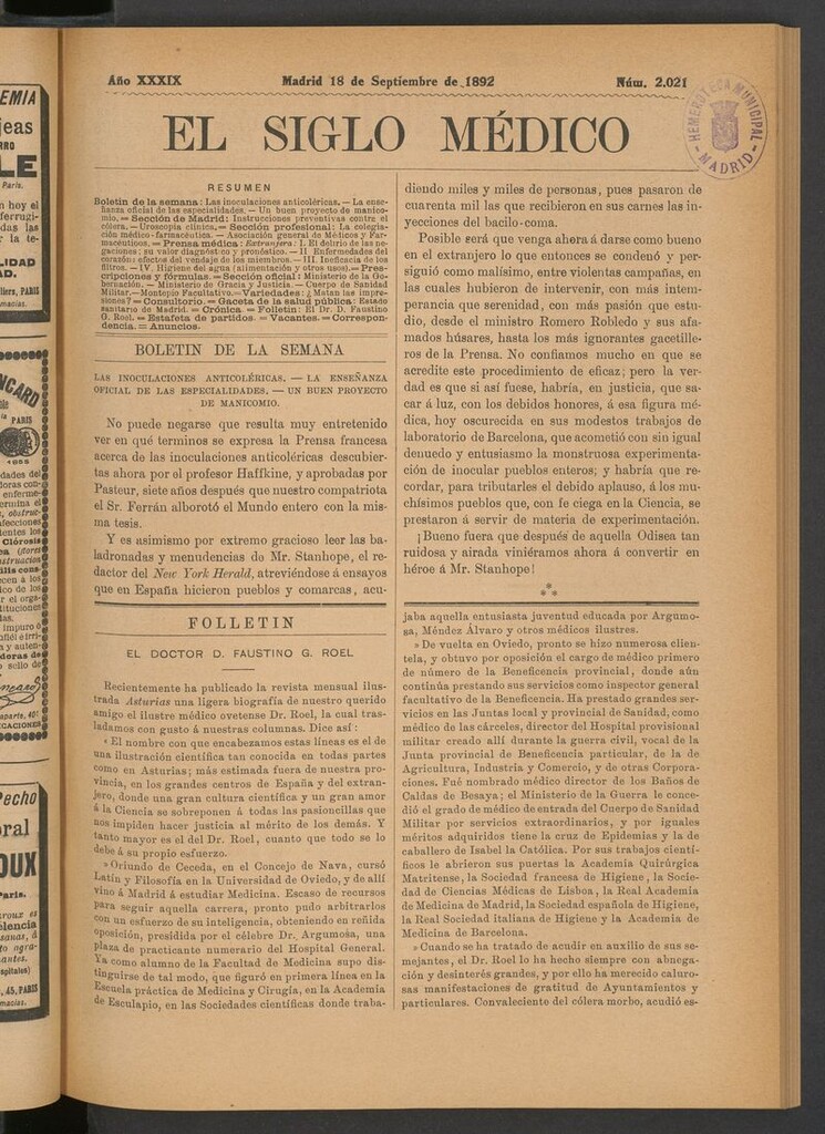 Miniatura de El Siglo Médico: boletín de medicina y gaceta médica del 18 de septiembre de 1892