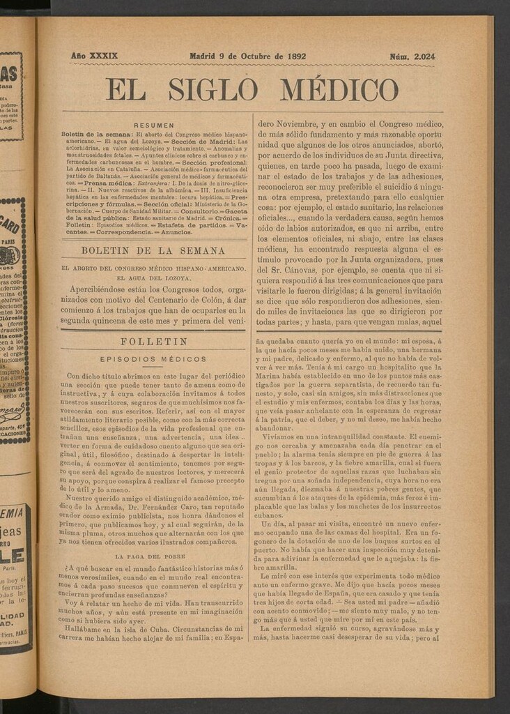 Miniatura de El Siglo Médico: boletín de medicina y gaceta médica del 9 de octubre de 1892
