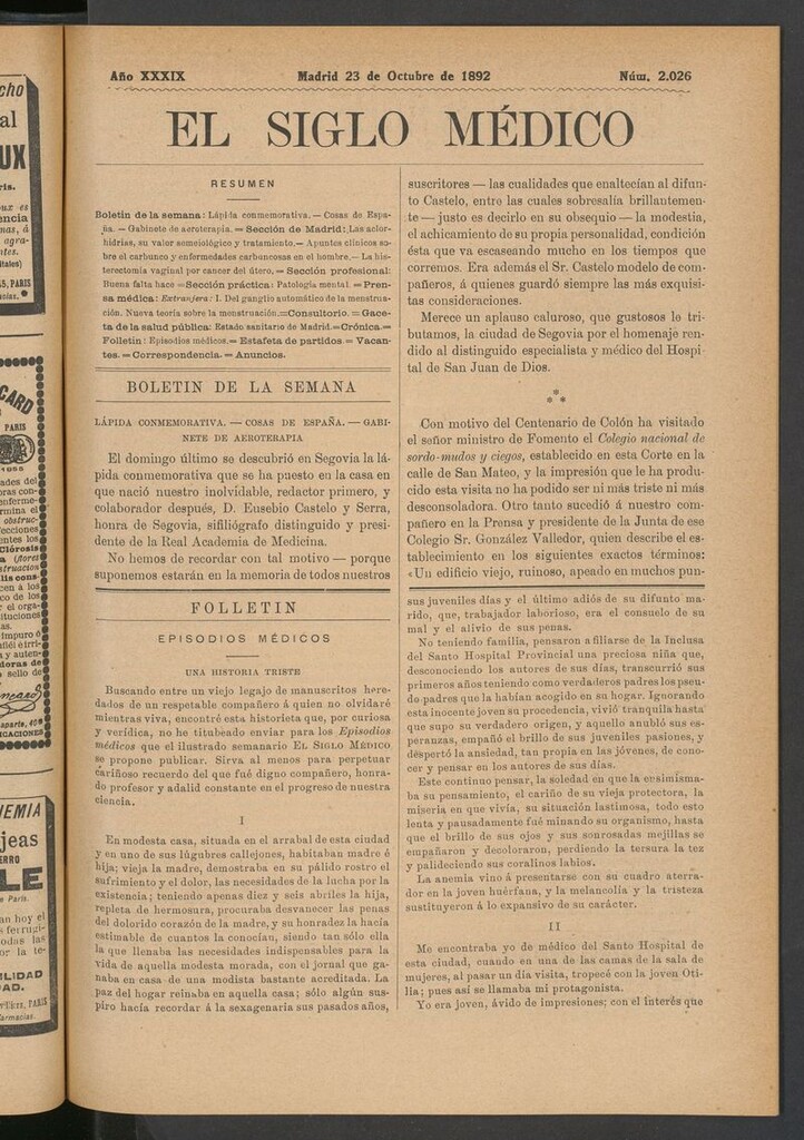 Miniatura de El Siglo Médico: boletín de medicina y gaceta médica del 23 de octubre de 1892