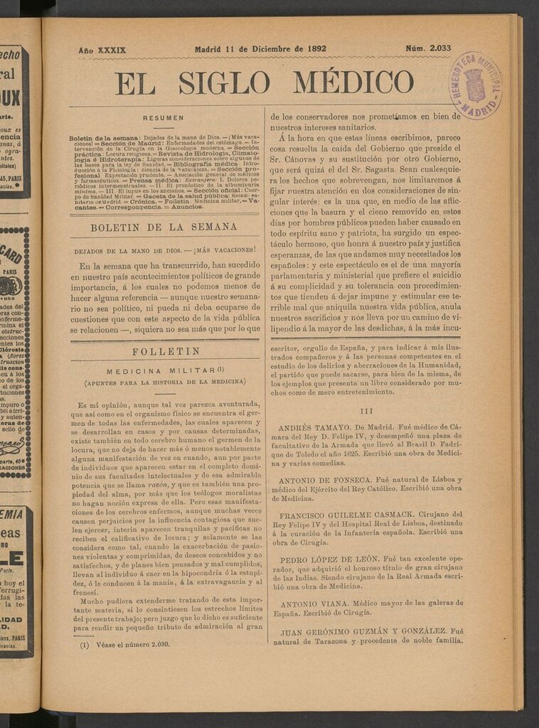 Miniatura de El Siglo Médico: boletín de medicina y gaceta médica del 11 de diciembre de 1892