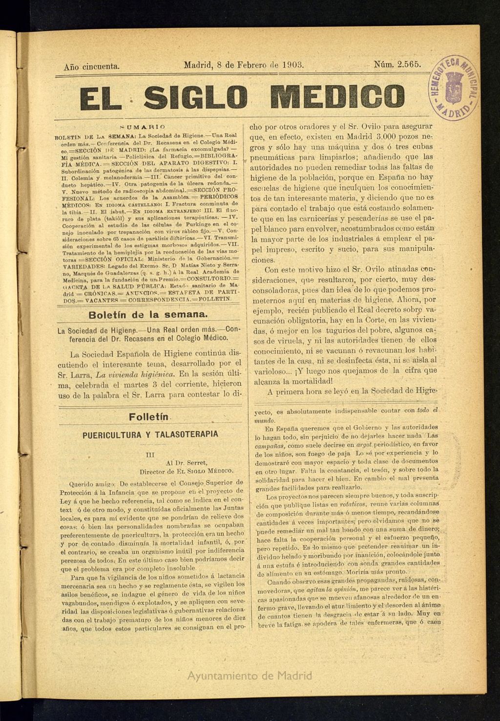 Miniatura de El Siglo Médico: boletín de medicina y gaceta médica del 8 de febrero de 1903