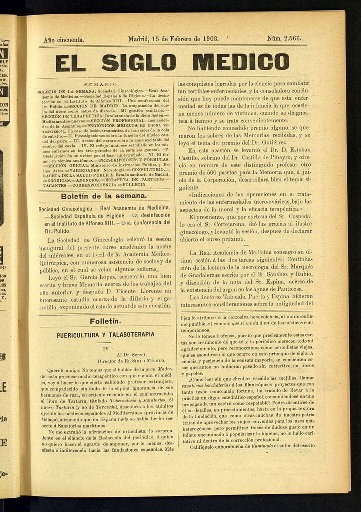 Miniatura de El Siglo Médico: boletín de medicina y gaceta médica del 15 de febrero de 1903
