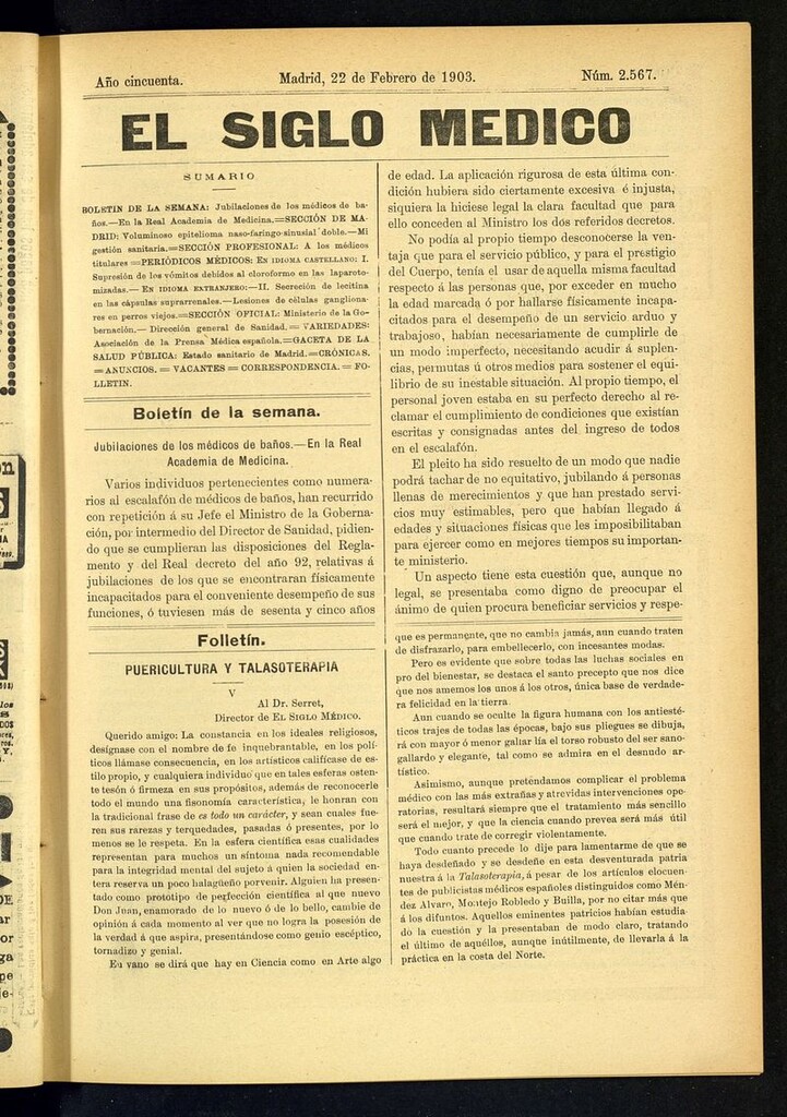 Miniatura de El Siglo Médico: boletín de medicina y gaceta médica del 22 de febrero de 1903