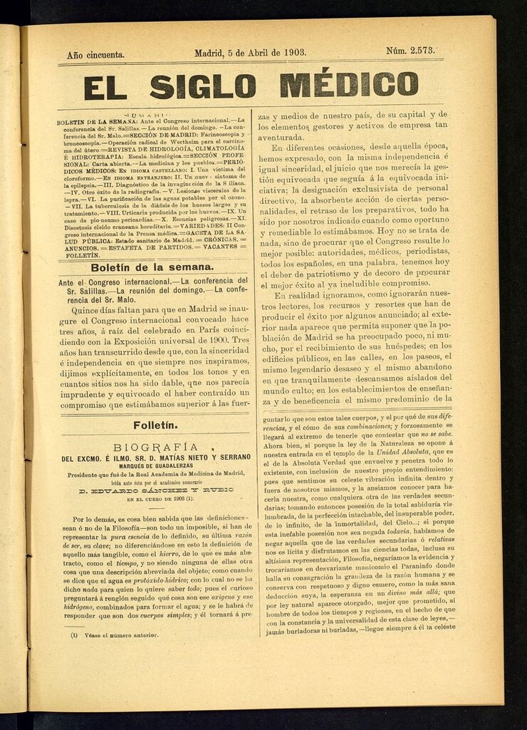 Miniatura de El Siglo Médico: boletín de medicina y gaceta médica del 5 de abril de 1903