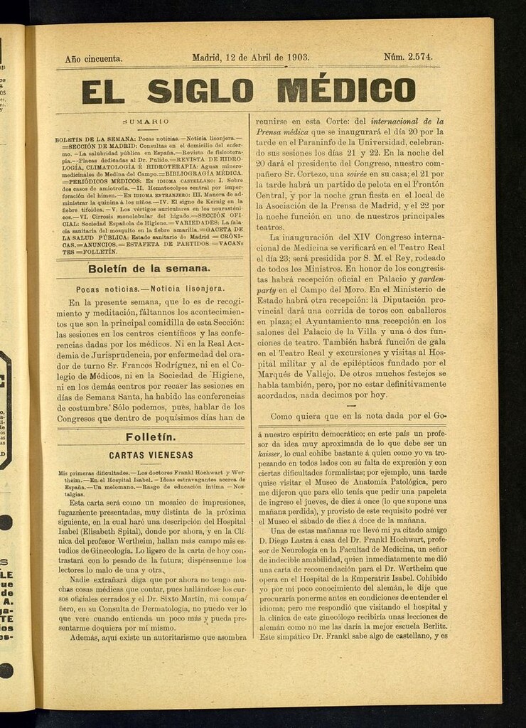 Miniatura de El Siglo Médico: boletín de medicina y gaceta médica del 12 de abril de 1903