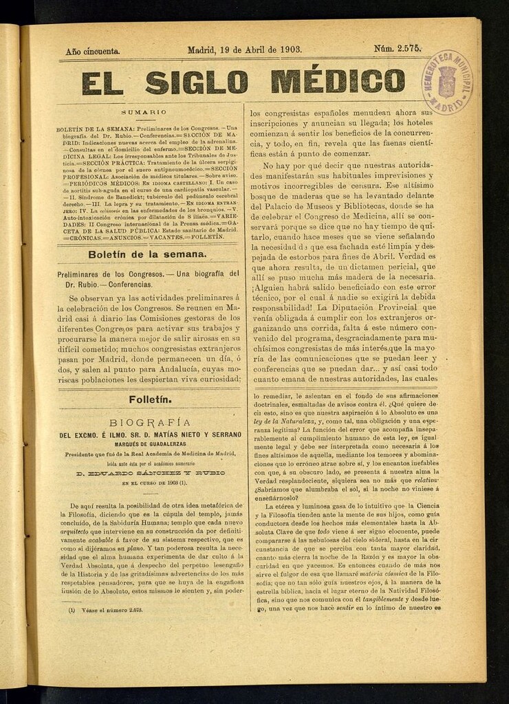 Miniatura de El Siglo Médico: boletín de medicina y gaceta médica del 19 de abril de 1903