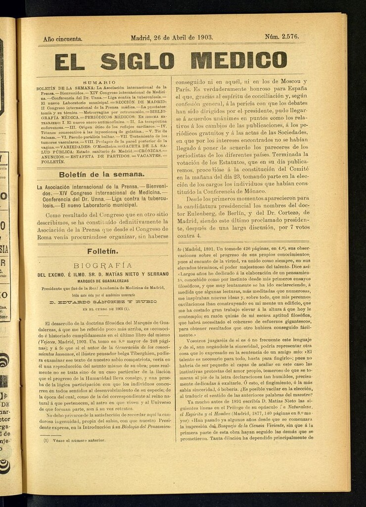 Miniatura de El Siglo Médico: boletín de medicina y gaceta médica del 26 de abril de 1903