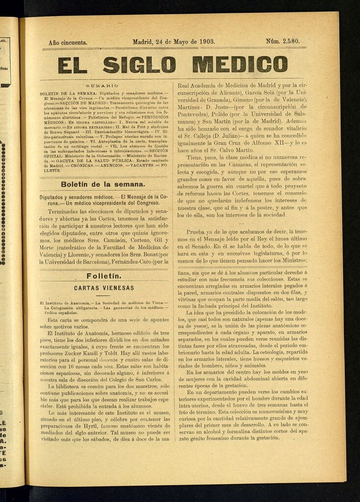 Miniatura de El Siglo Médico: boletín de medicina y gaceta médica del 24 de mayo de 1903