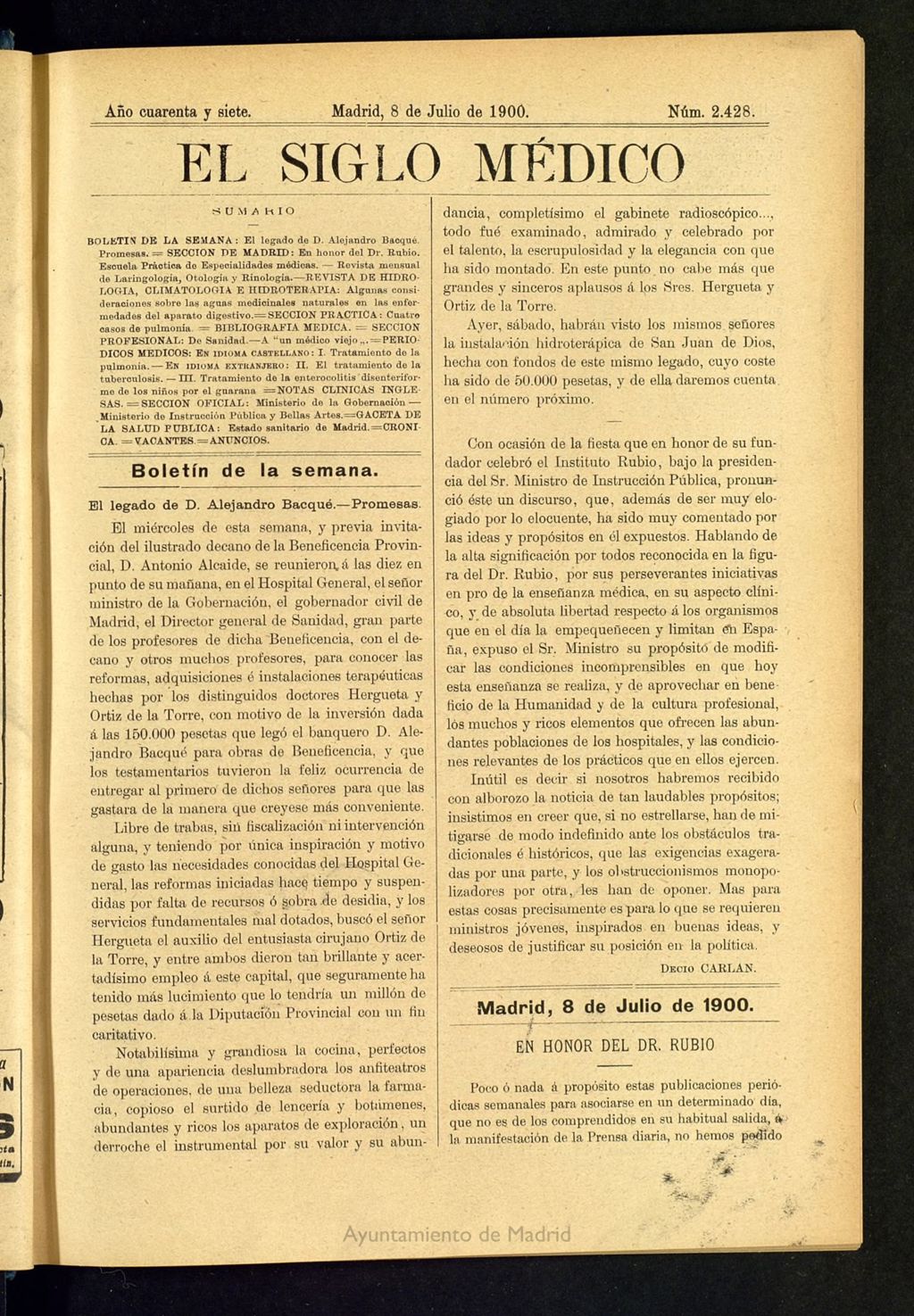 Miniatura de El Siglo Médico: boletín de medicina y gaceta médica  del 8 de julio de 1900