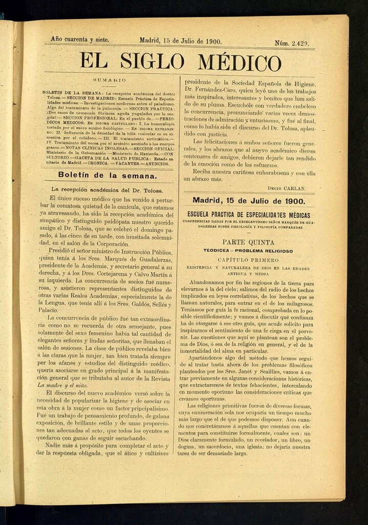 Miniatura de El Siglo Médico: boletín de medicina y gaceta médica  del 15 de julio de 1900