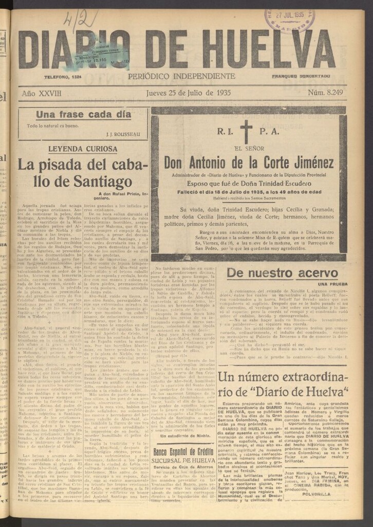 Miniatura de Diario de Huelva : periódico independiente del 25 de julio de 1935