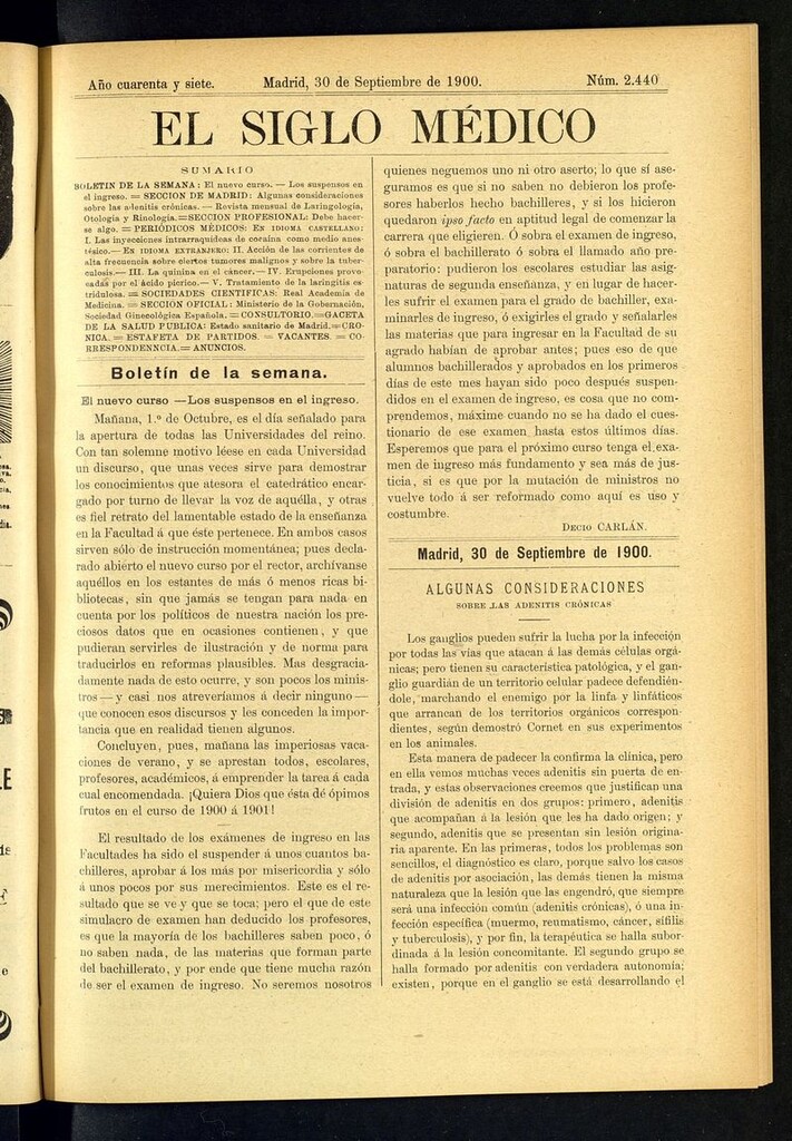 Miniatura de El Siglo Médico: boletín de medicina y gaceta médica  del 30 de septiembre de 1900