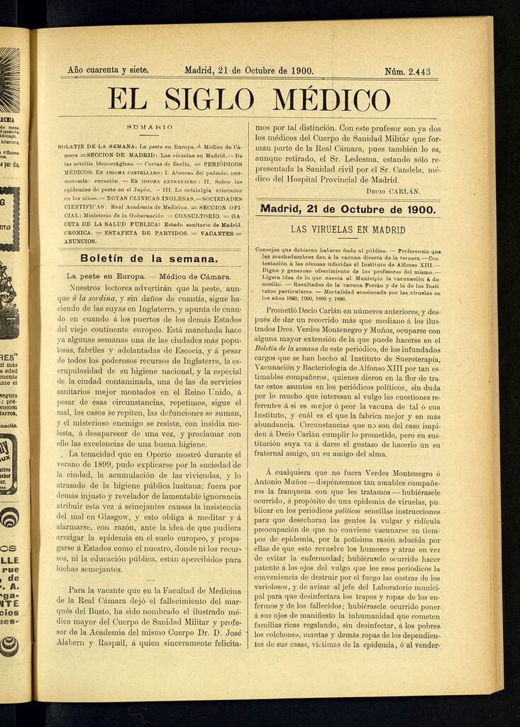 Miniatura de El Siglo Médico: boletín de medicina y gaceta médica  del 21 de octubre de 1900