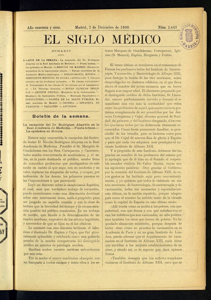 Miniatura de El Siglo Médico: boletín de medicina y gaceta médica  del 2 de diciembre de 1900