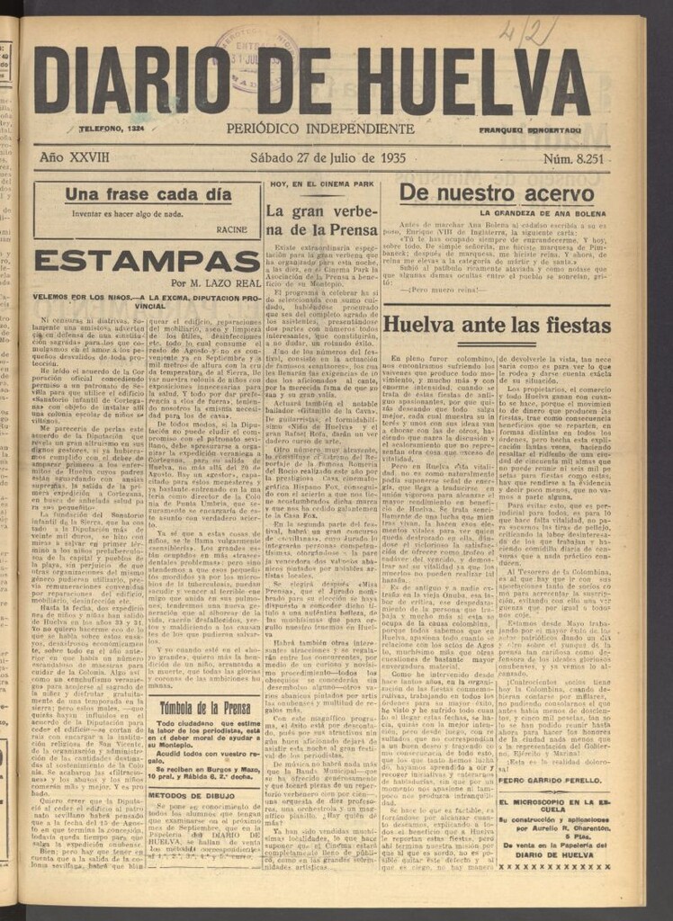 Miniatura de Diario de Huelva : periódico independiente del 27 de julio de 1935