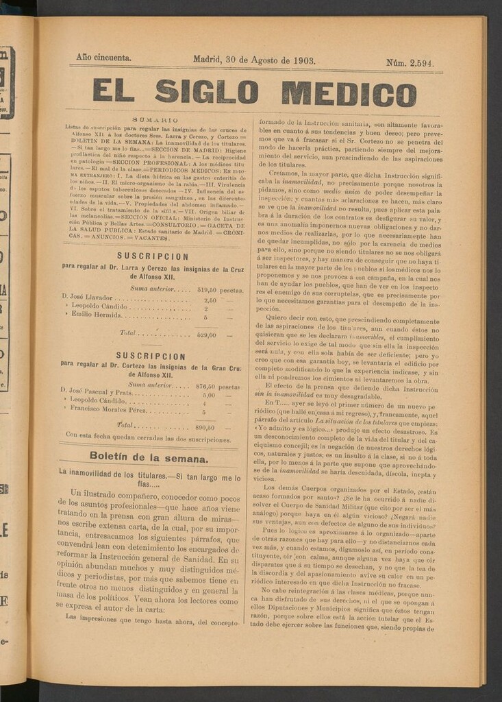 Miniatura de El Siglo Médico: boletín de medicina y gaceta médica del 30 de agosto de 1903