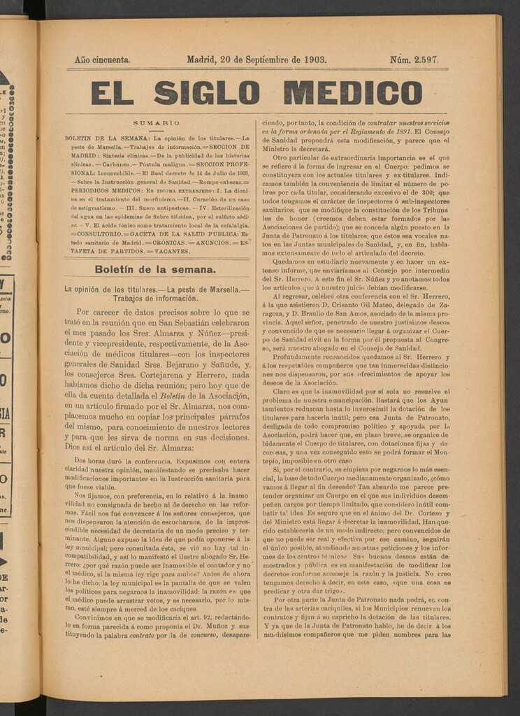 Miniatura de El Siglo Médico: boletín de medicina y gaceta médica del 20 de septiembre de 1903