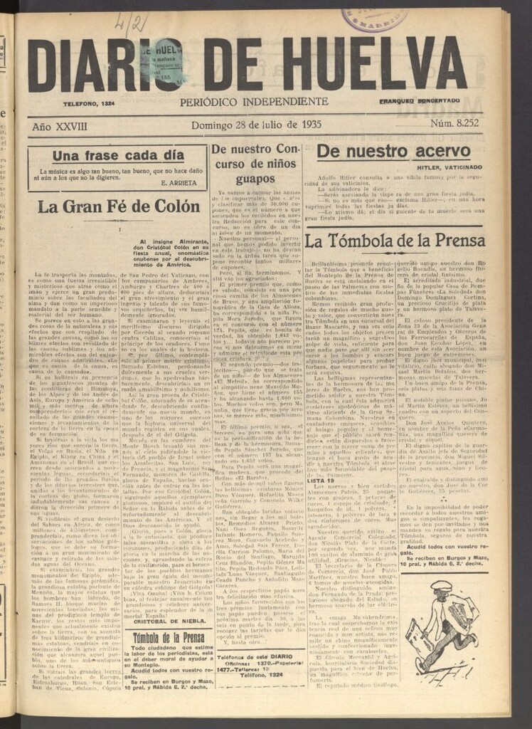 Miniatura de Diario de Huelva : periódico independiente del 28 de julio de 1935