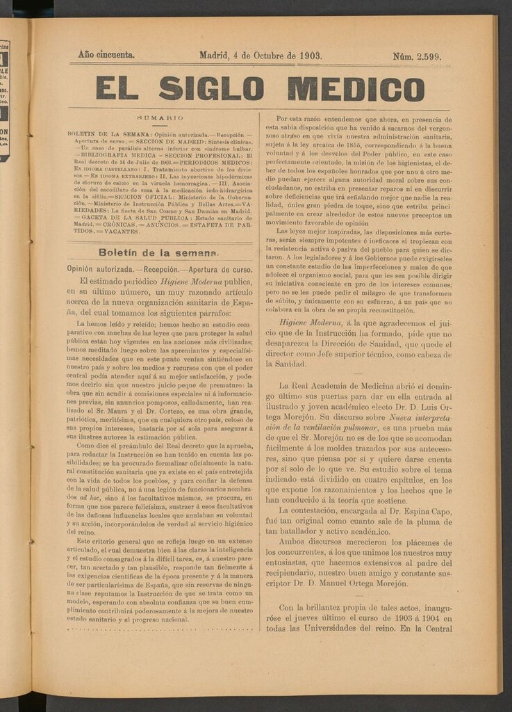 Miniatura de El Siglo Médico: boletín de medicina y gaceta médica del 4 de octubre de 1903