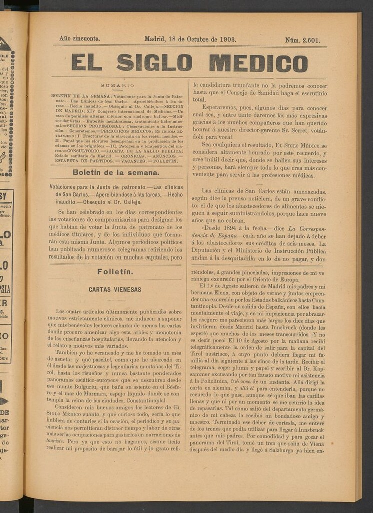 Miniatura de El Siglo Médico: boletín de medicina y gaceta médica del 18 de octubre de 1903