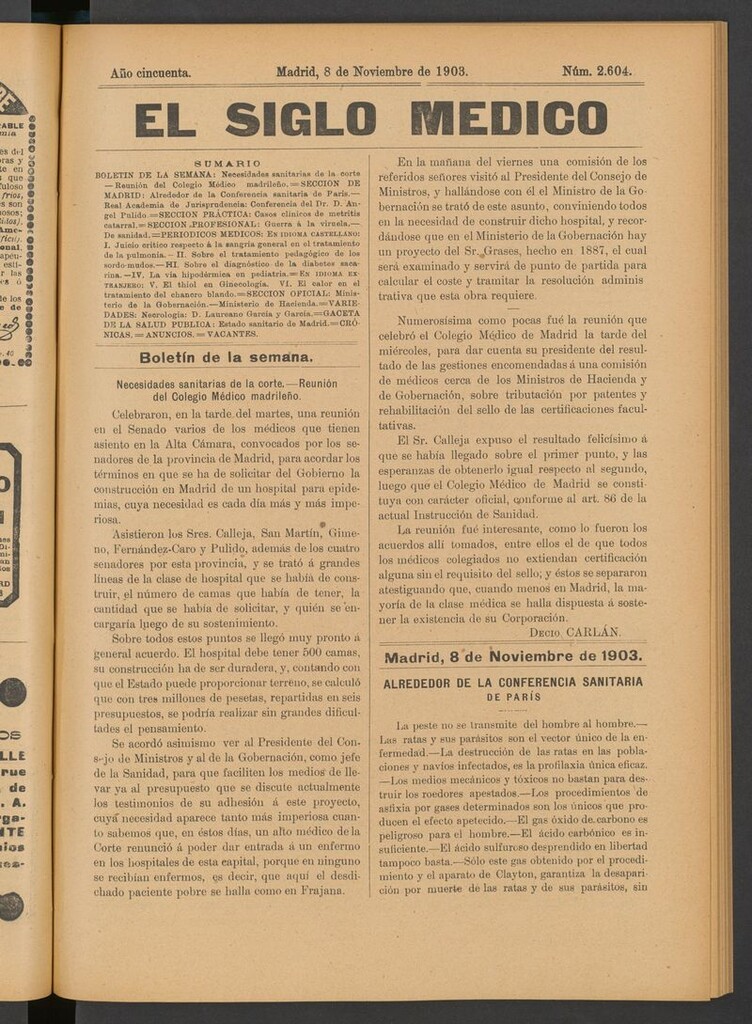 Miniatura de El Siglo Médico: boletín de medicina y gaceta médica del 8 de noviembre de 1903