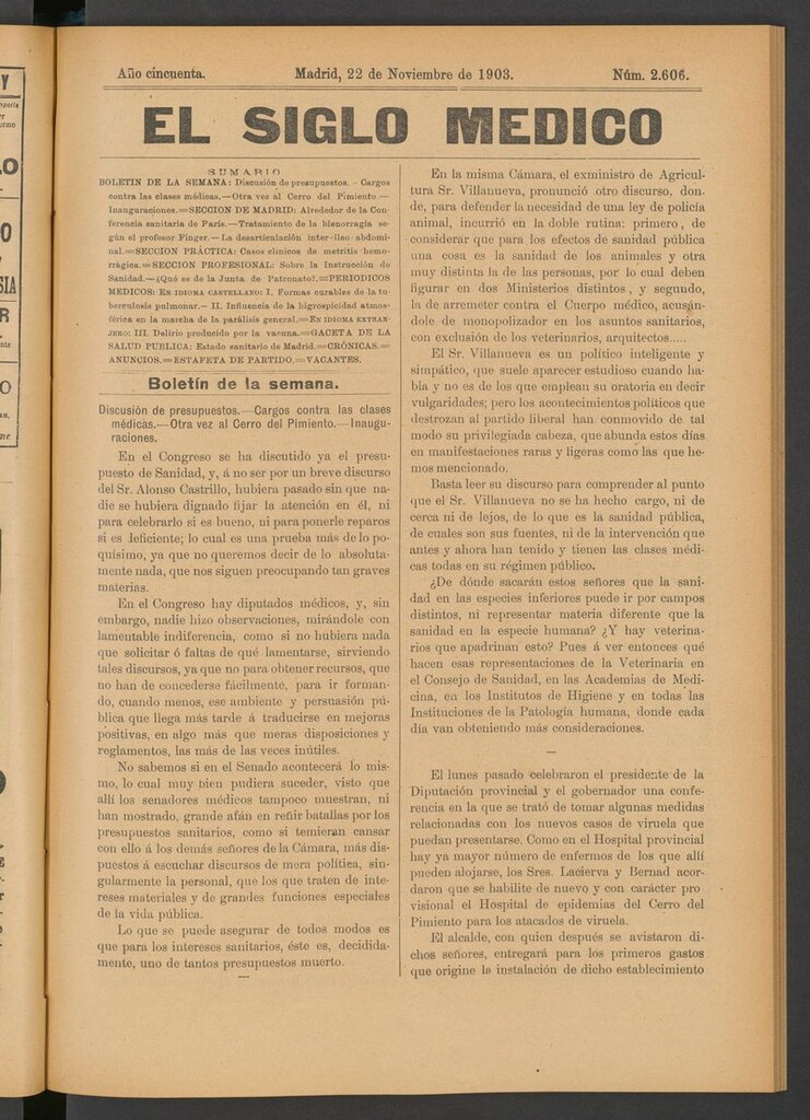 Miniatura de El Siglo Médico: boletín de medicina y gaceta médica del 22 de noviembre de 1903