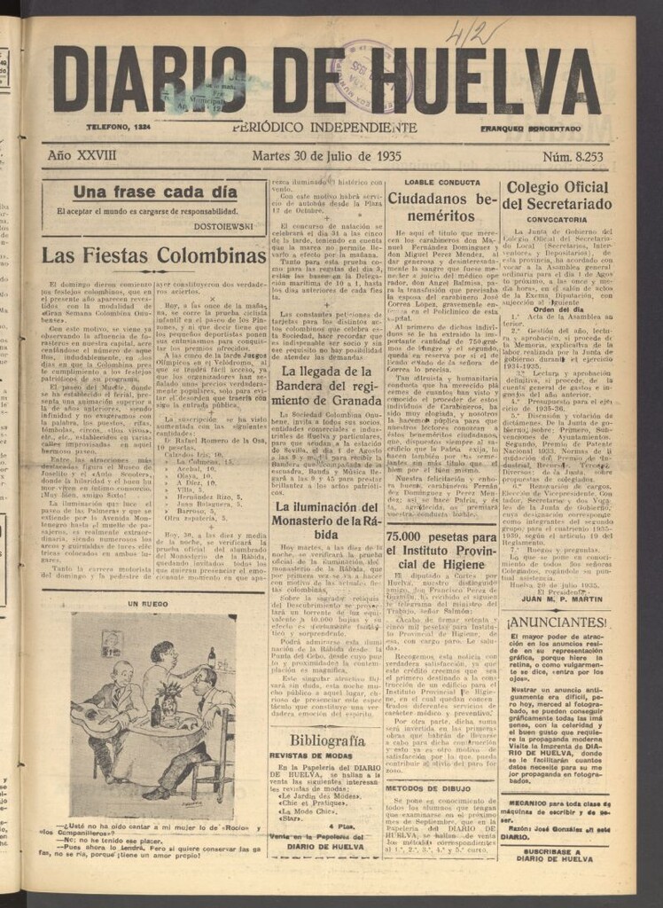 Miniatura de Diario de Huelva : periódico independiente del 30 de julio de 1935