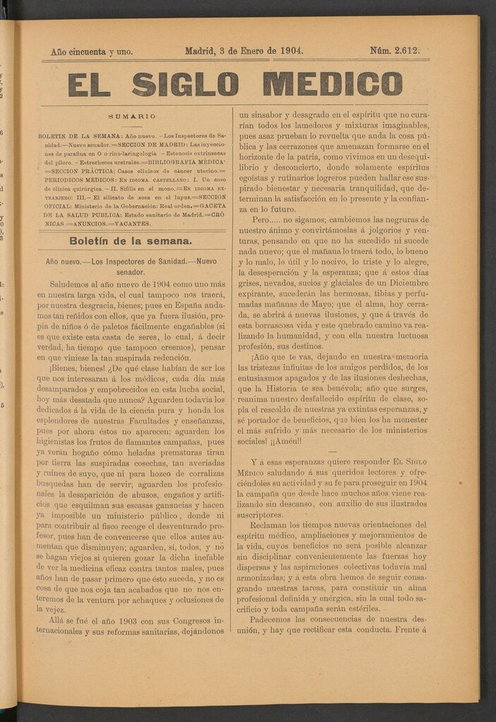 Miniatura de El Siglo Médico: boletín de medicina y gaceta médica del 3 de enero de 1904