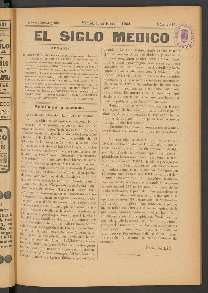 Miniatura de El Siglo Médico: boletín de medicina y gaceta médica del 10 de enero de 1904
