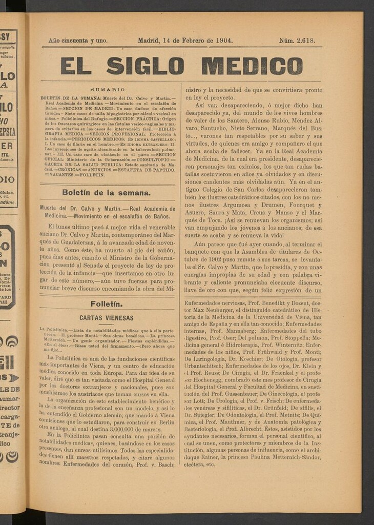 Miniatura de El Siglo Médico: boletín de medicina y gaceta médica del 14 de febrero de 1904