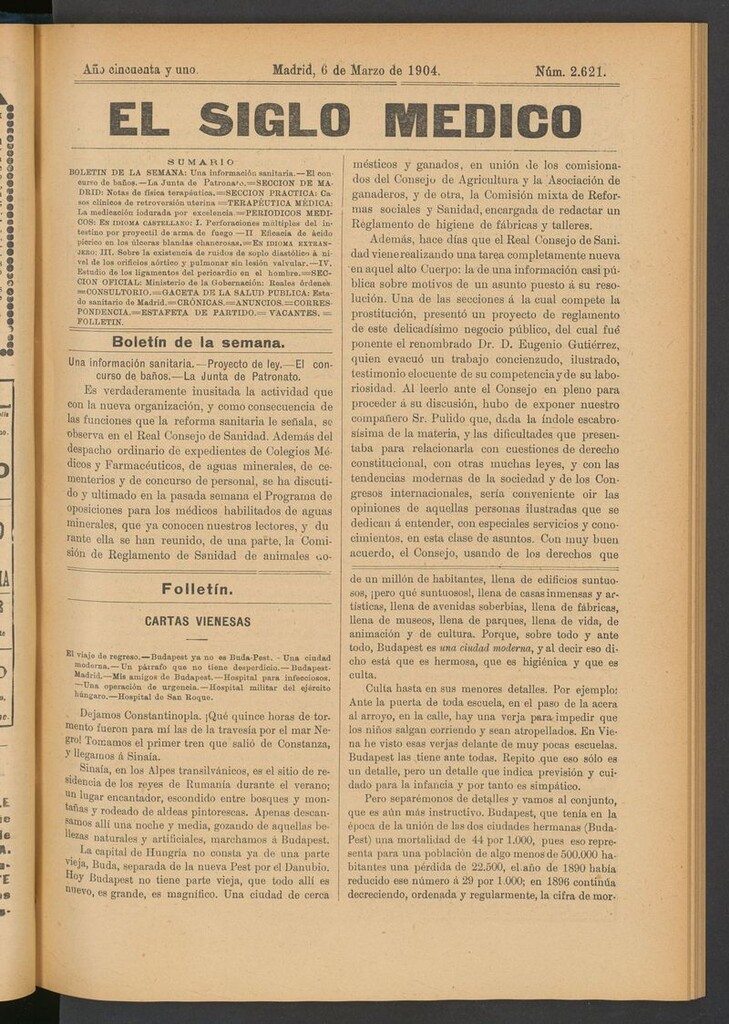 Miniatura de El Siglo Médico: boletín de medicina y gaceta médica del 6 de marzo de 1904