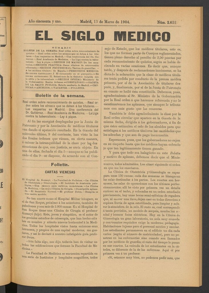 Miniatura de El Siglo Médico: boletín de medicina y gaceta médica del 13 de marzo de 1904