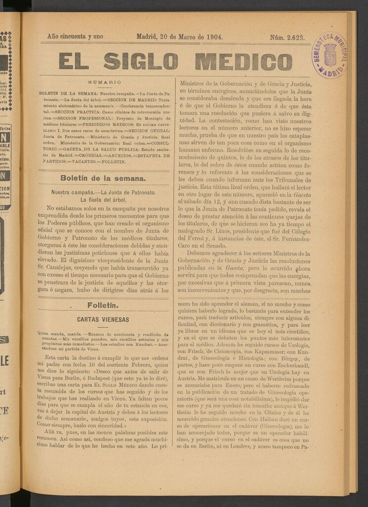 Miniatura de El Siglo Médico: boletín de medicina y gaceta médica del 20 de marzo de 1904