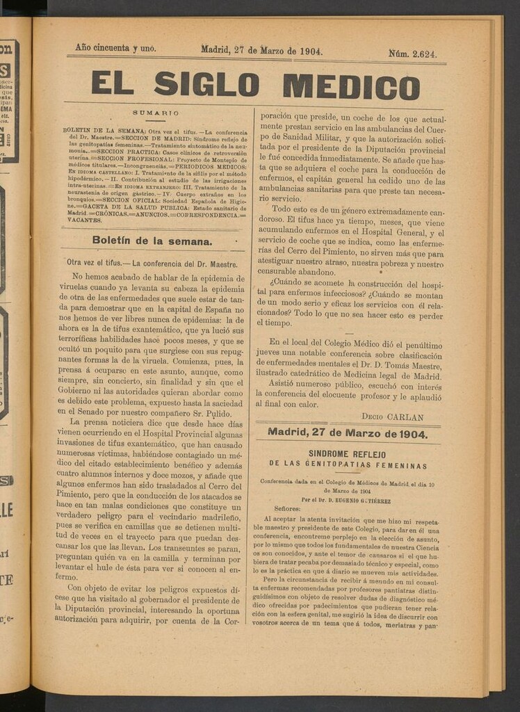 Miniatura de El Siglo Médico: boletín de medicina y gaceta médica del 27 de marzo de 1904