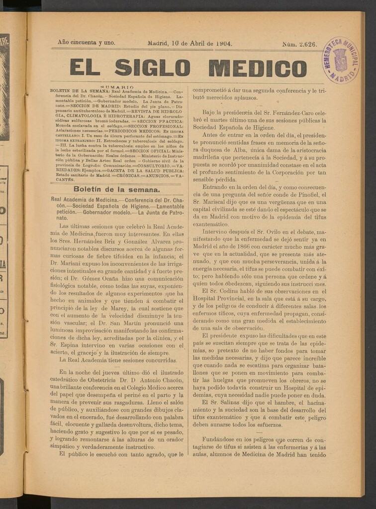 Miniatura de El Siglo Médico: boletín de medicina y gaceta médica del 10 de abril de 1904