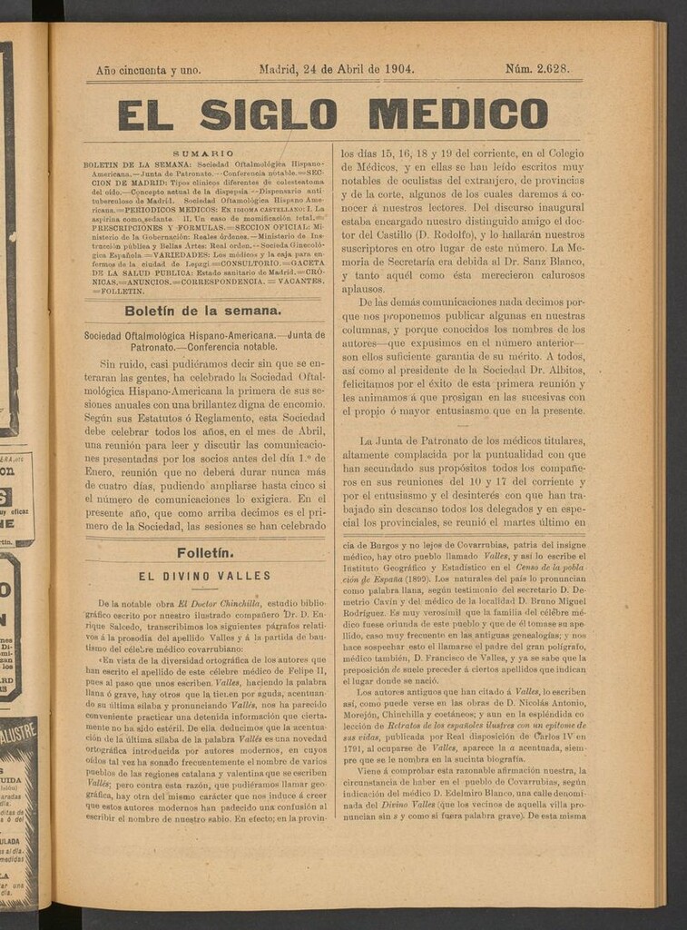Miniatura de El Siglo Médico: boletín de medicina y gaceta médica del 24 de abril de 1904